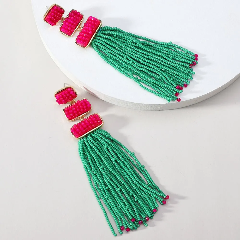 Ethnic Style Acrylic Beaded Tassel Chain Piercing Long Hanging Earrings For Women