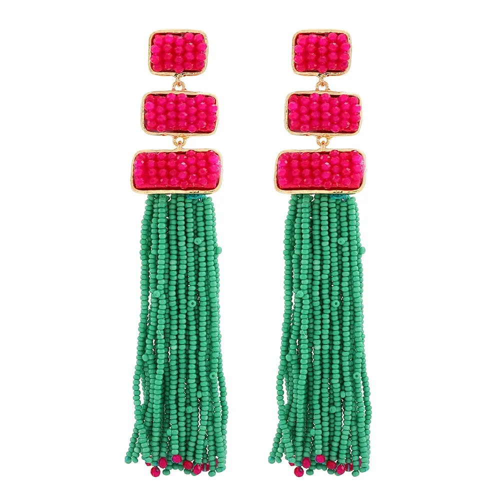 Ethnic Style Acrylic Beaded Tassel Chain Piercing Long Hanging Earrings For Women