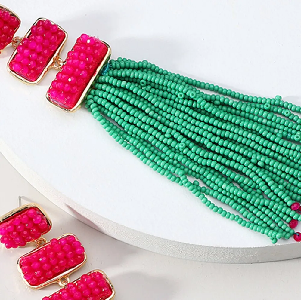 Ethnic Style Acrylic Beaded Tassel Chain Piercing Long Hanging Earrings For Women