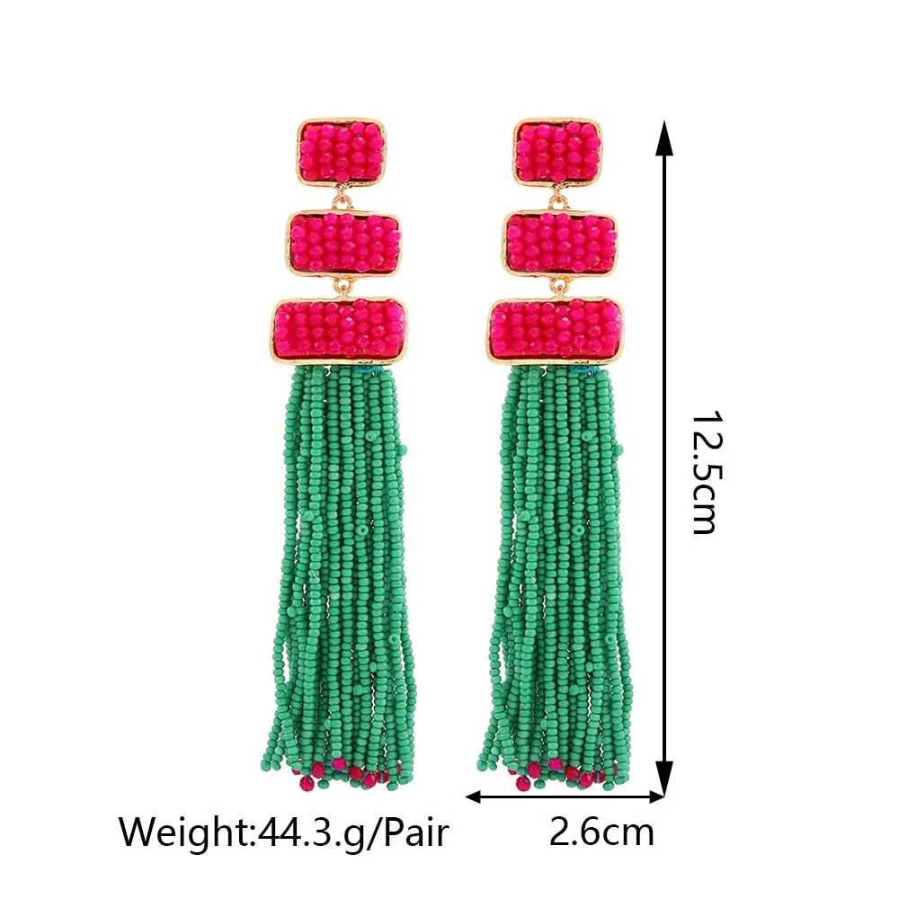 Ethnic Style Acrylic Beaded Tassel Chain Piercing Long Hanging Earrings For Women