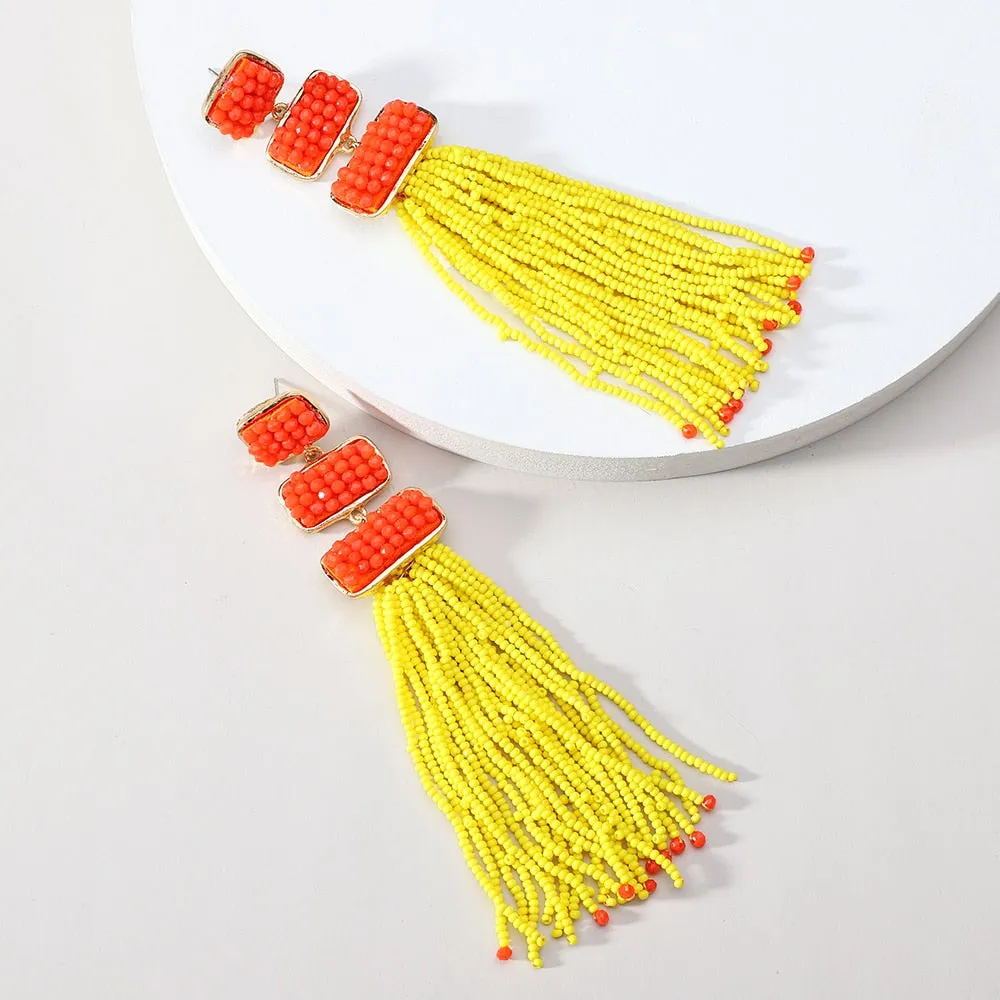 Ethnic Style Acrylic Beaded Tassel Chain Piercing Long Hanging Earrings For Women