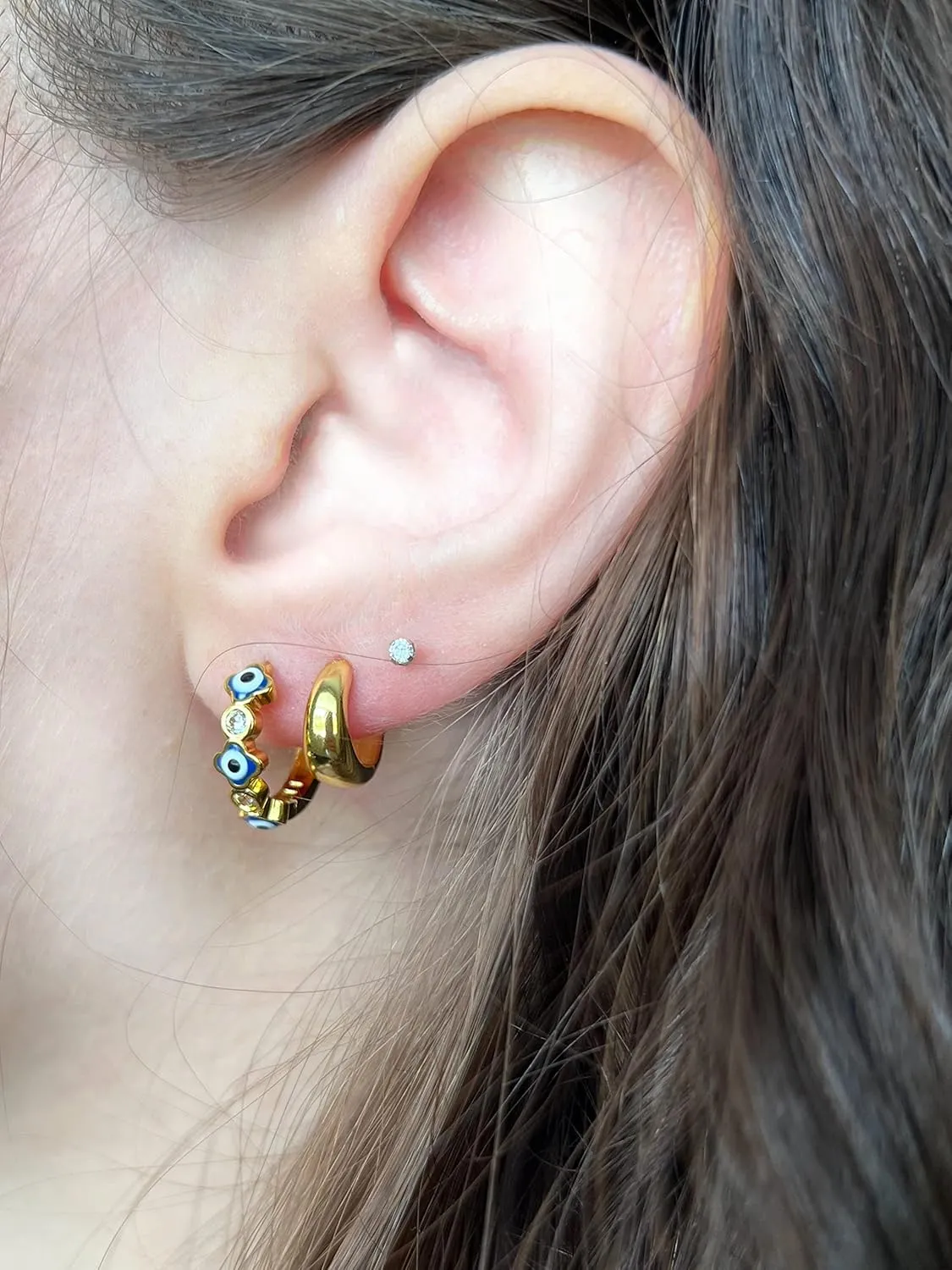 Evil Eye Earrings, 18K Gold Plated Earrings, Hoop Earrings, Trendy Huggie Hoop Earrings, Gift for Mom, Dainty Minimalist Earrings