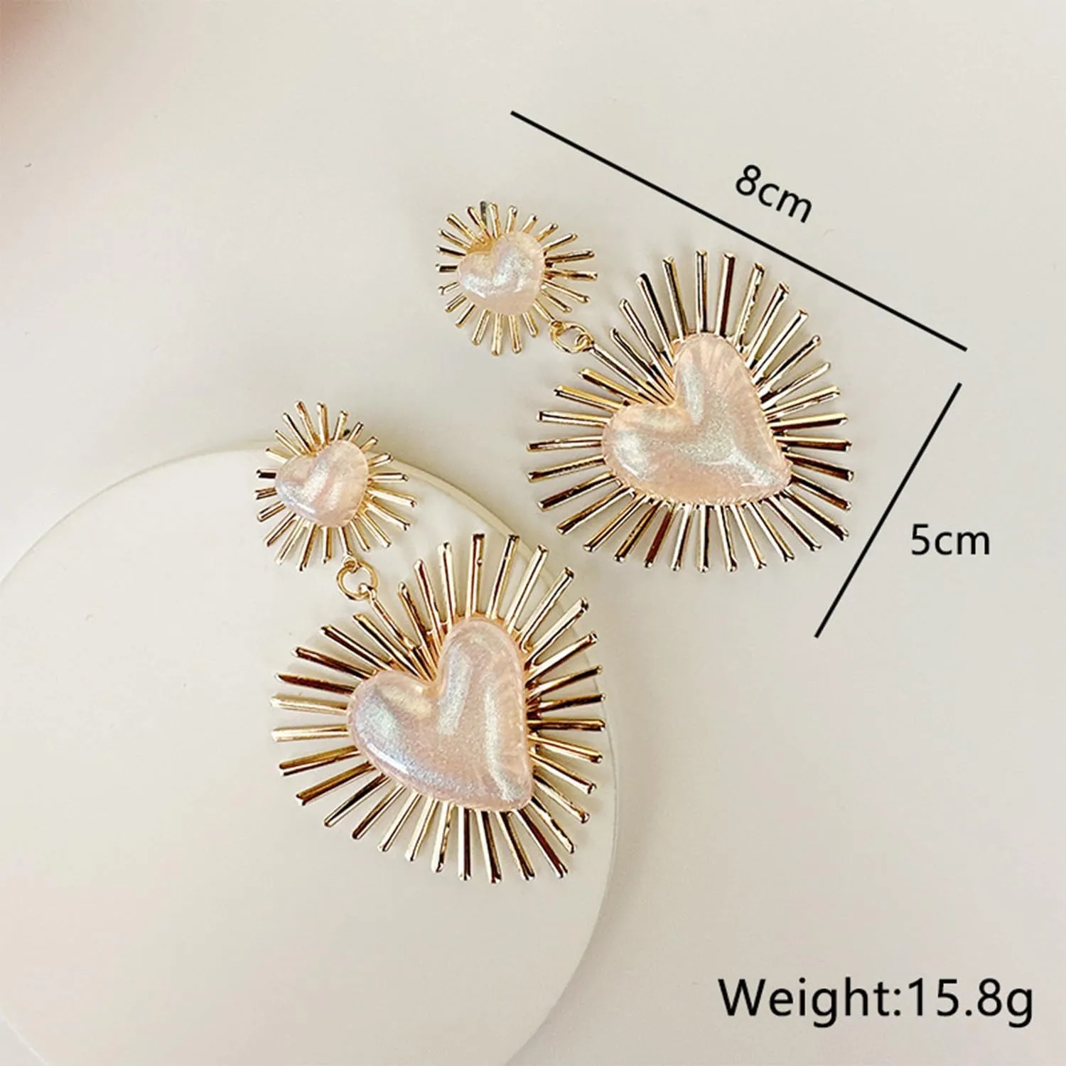 Exaggerated Geometric Boho Punk Gold Sunburst Heart Statement Drop Earrings for Women
