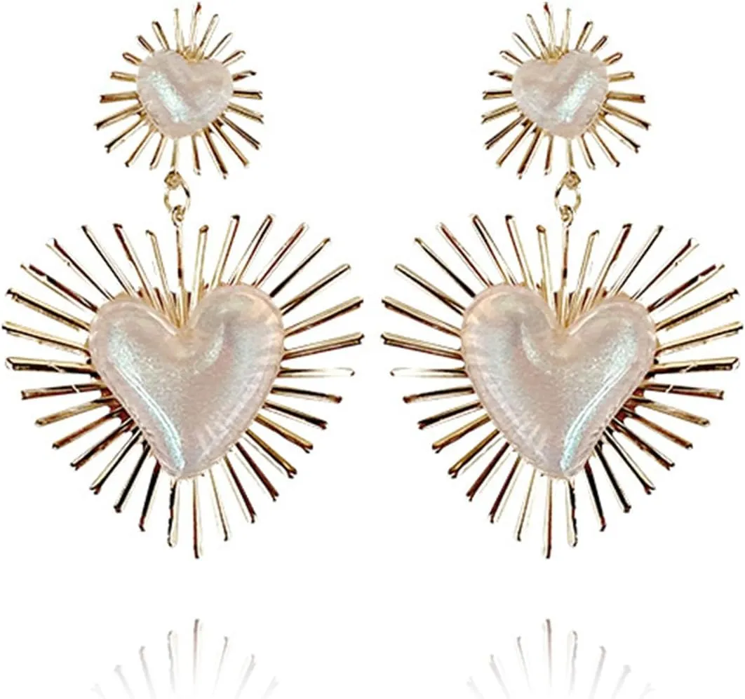 Exaggerated Geometric Boho Punk Gold Sunburst Heart Statement Drop Earrings for Women