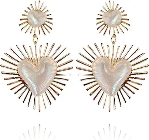 Exaggerated Geometric Boho Punk Gold Sunburst Heart Statement Drop Earrings for Women
