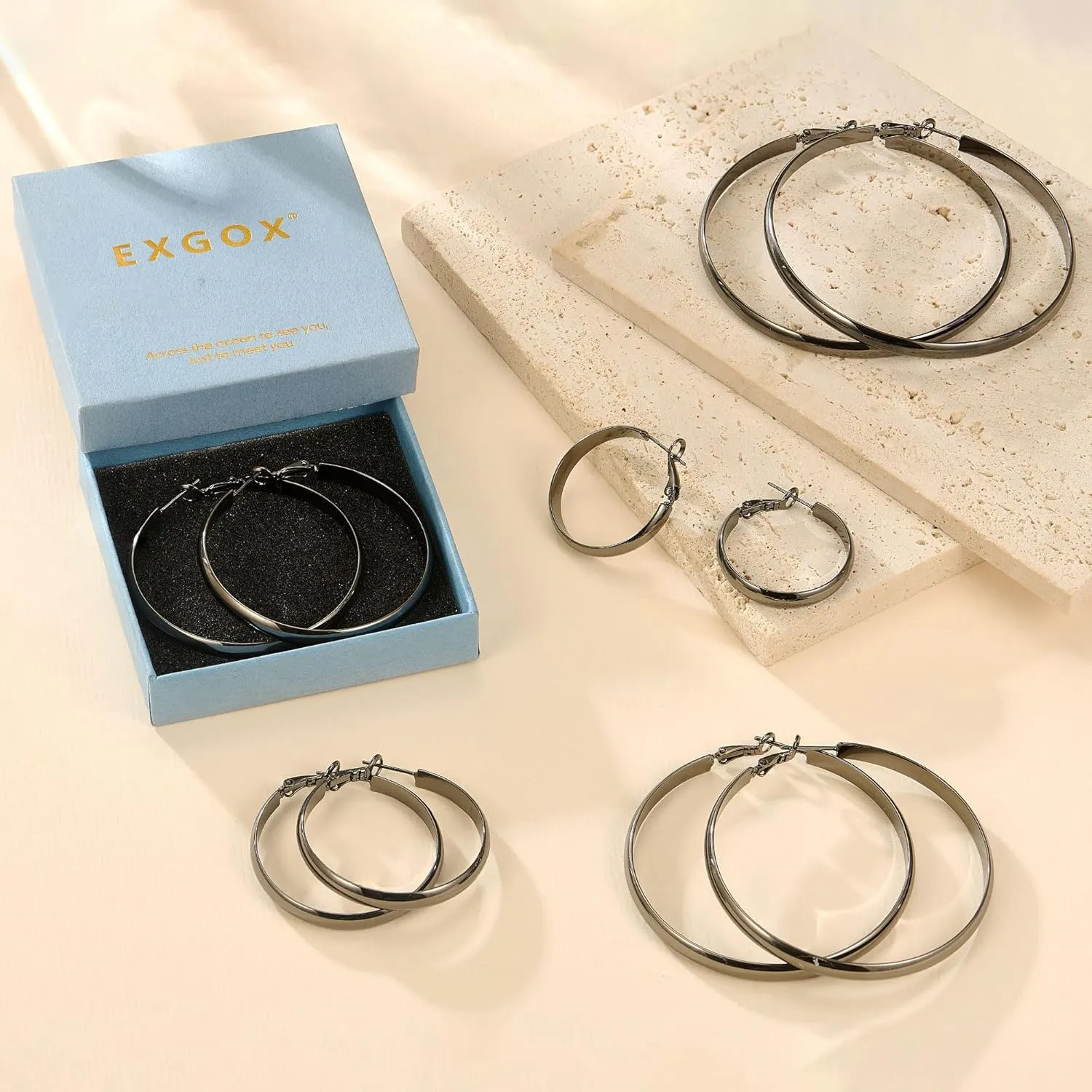 EXGOX 5mm Wide Gold Hoop Earrings for Women,Sterling Silver Hoop Earrings Large Silver Hoop Earrings Hypoallergenic Lightweight 14K Real Gold Plated Big Hoop Earrings for Women 30/40/50/60/70mm