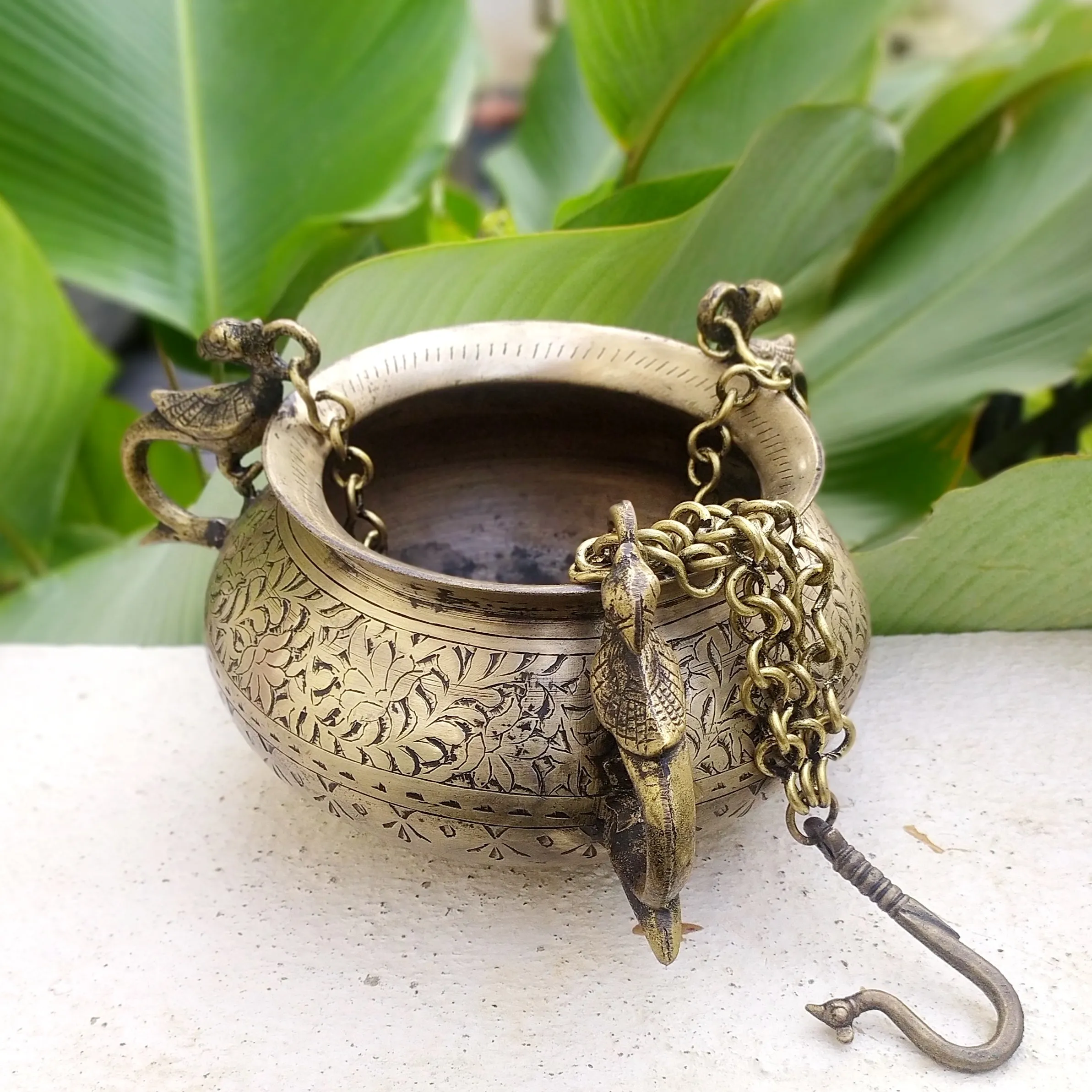 Exquisite Vintage Hanging Brass Planter With 3 Peacock Handles. Length With Chain 66 cm x Dia 17 cm