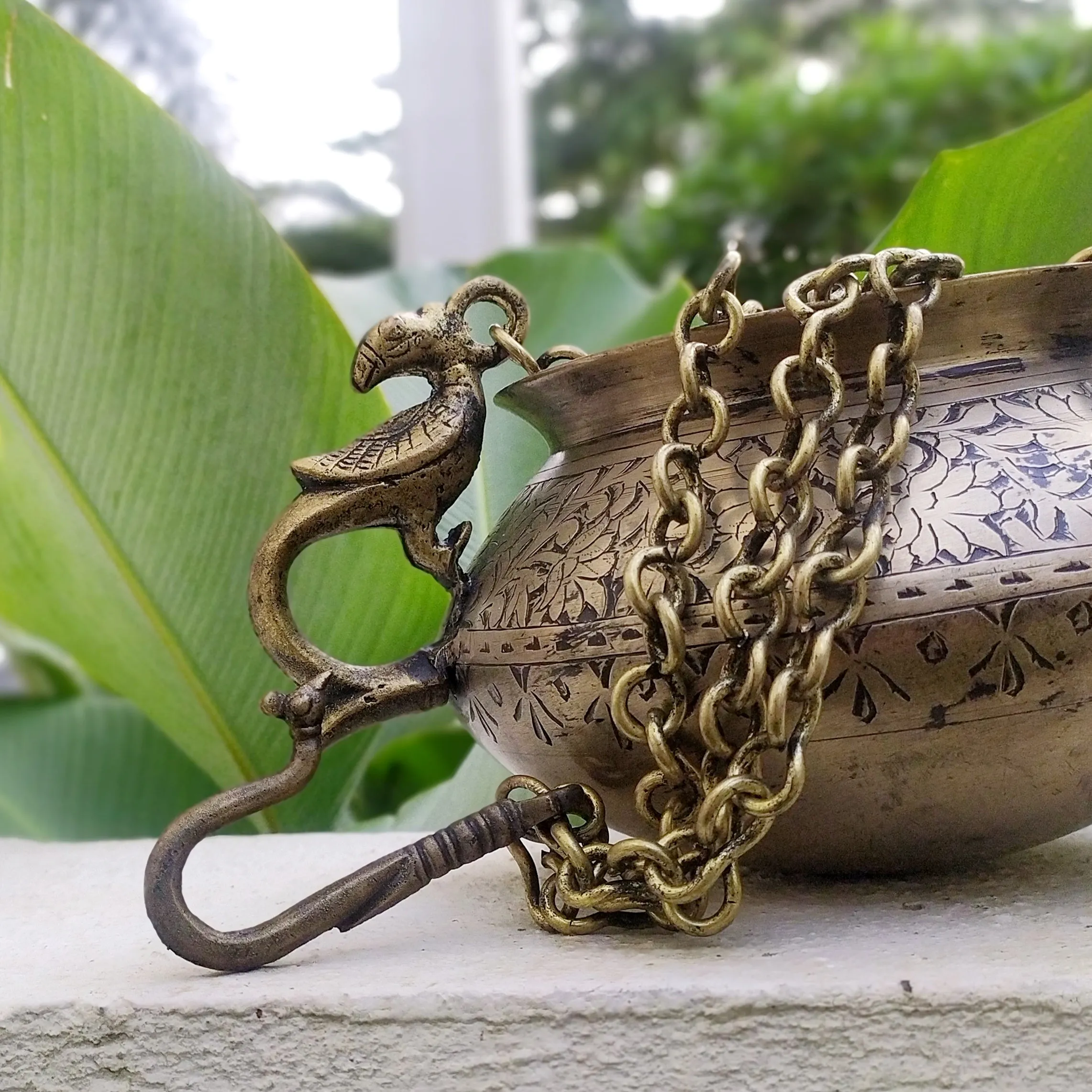 Exquisite Vintage Hanging Brass Planter With 3 Peacock Handles. Length With Chain 66 cm x Dia 17 cm