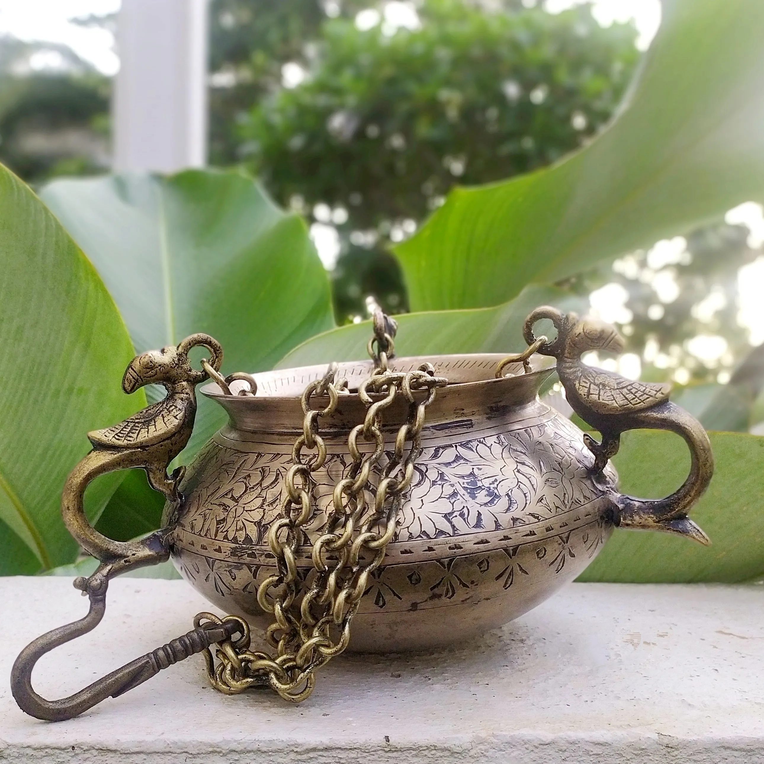 Exquisite Vintage Hanging Brass Planter With 3 Peacock Handles. Length With Chain 66 cm x Dia 17 cm