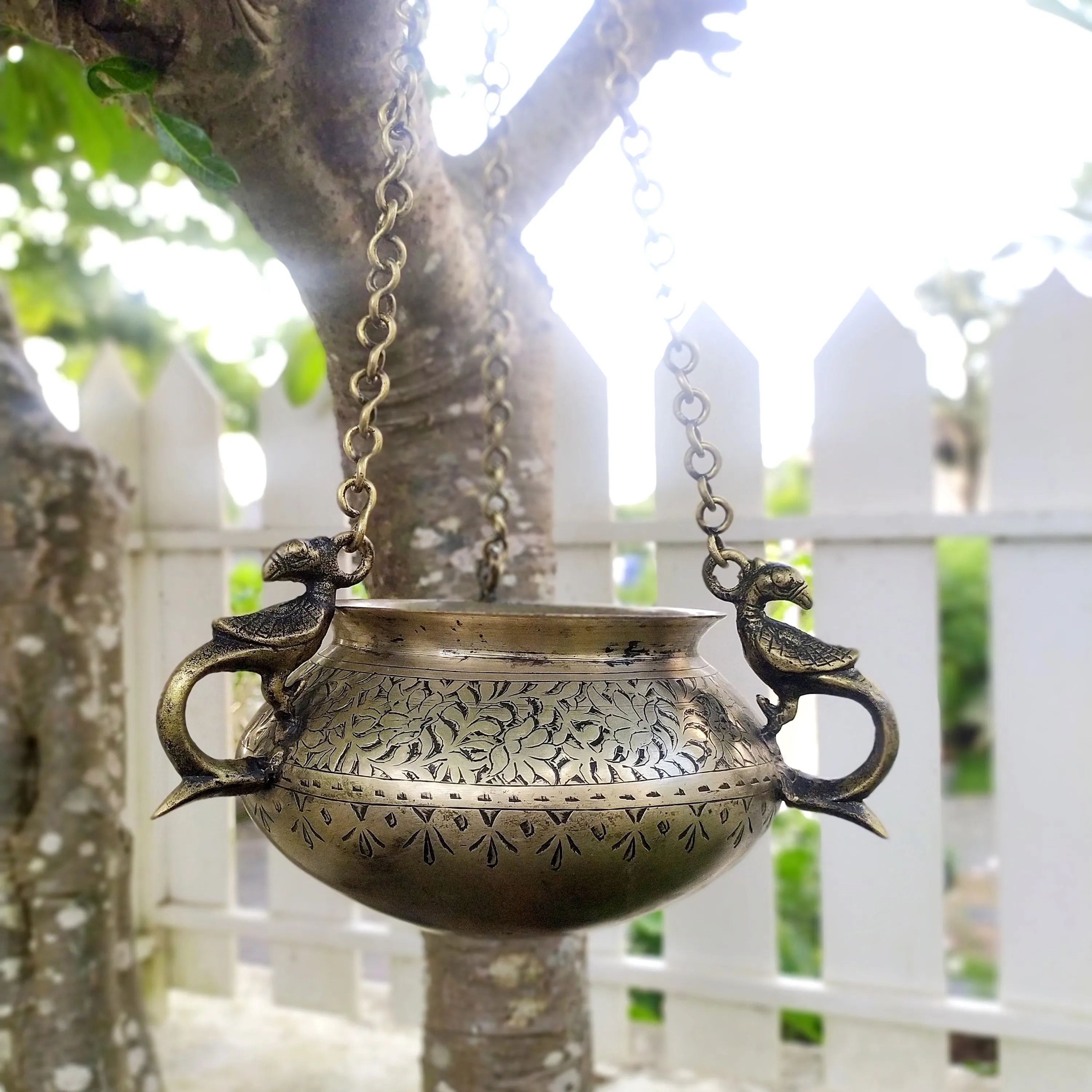 Exquisite Vintage Hanging Brass Planter With 3 Peacock Handles. Length With Chain 66 cm x Dia 17 cm