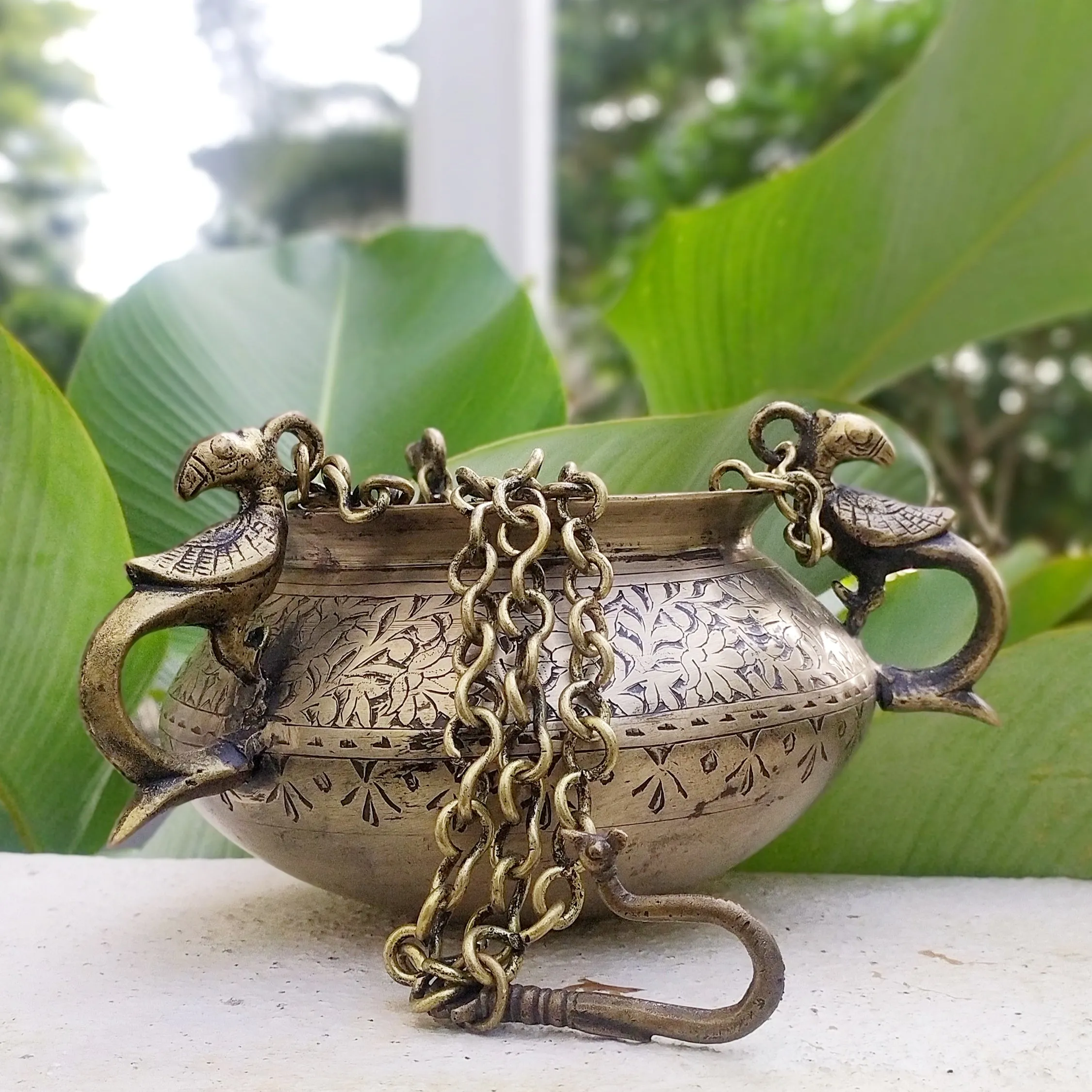 Exquisite Vintage Hanging Brass Planter With 3 Peacock Handles. Length With Chain 66 cm x Dia 17 cm