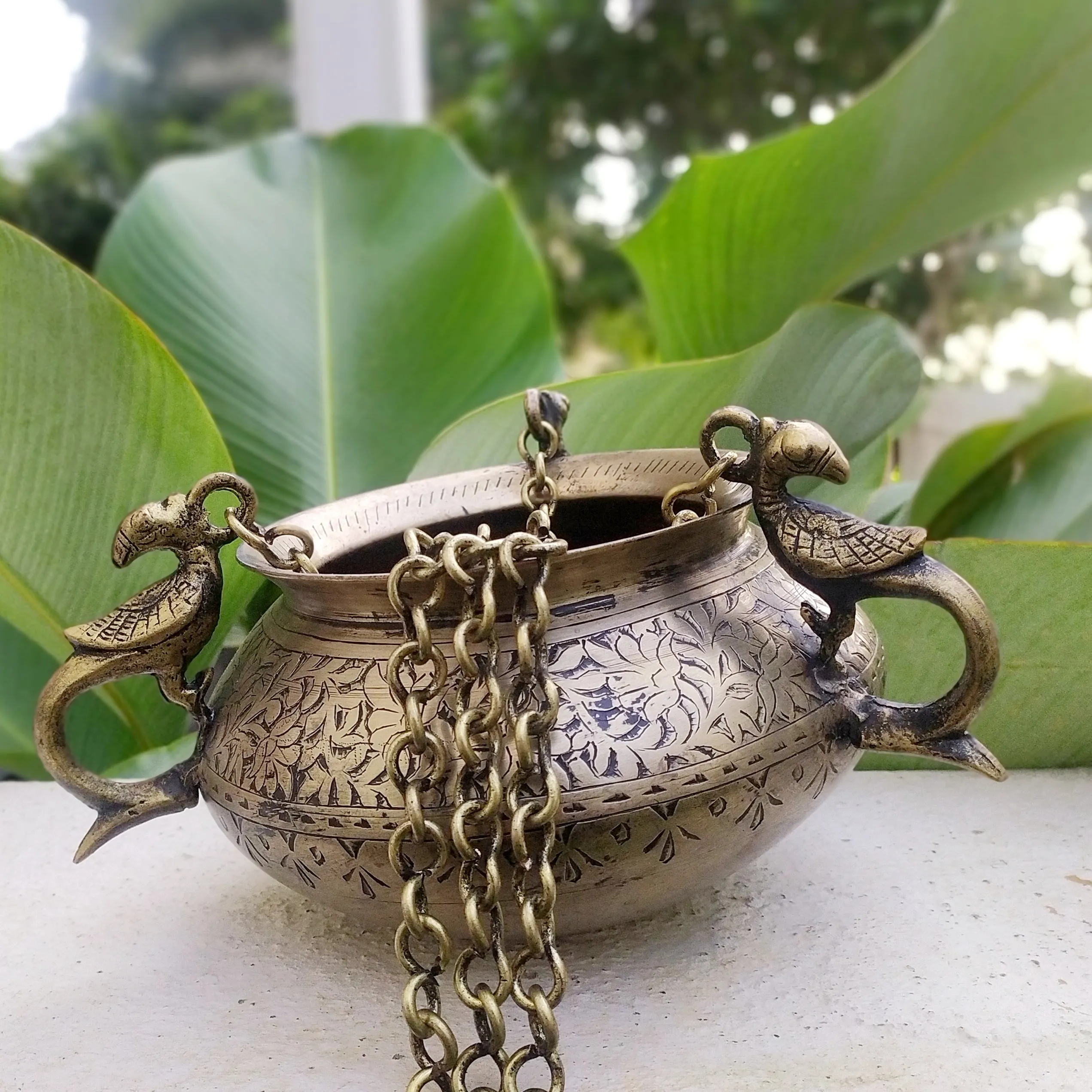 Exquisite Vintage Hanging Brass Planter With 3 Peacock Handles. Length With Chain 66 cm x Dia 17 cm