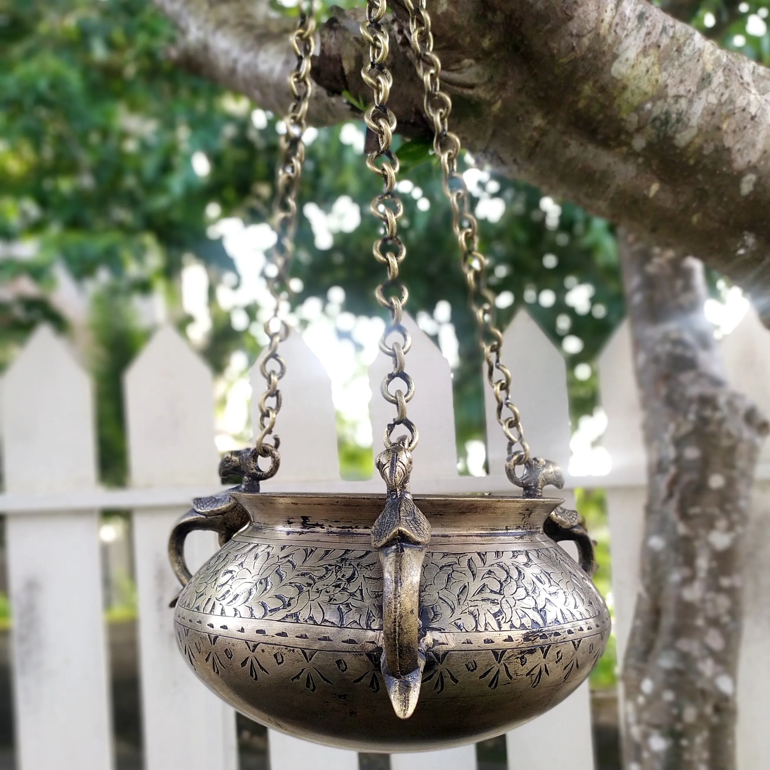 Exquisite Vintage Hanging Brass Planter With 3 Peacock Handles. Length With Chain 66 cm x Dia 17 cm