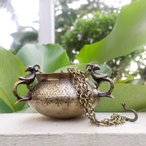 Exquisite Vintage Hanging Brass Planter With 3 Peacock Handles. Length With Chain 66 cm x Dia 17 cm