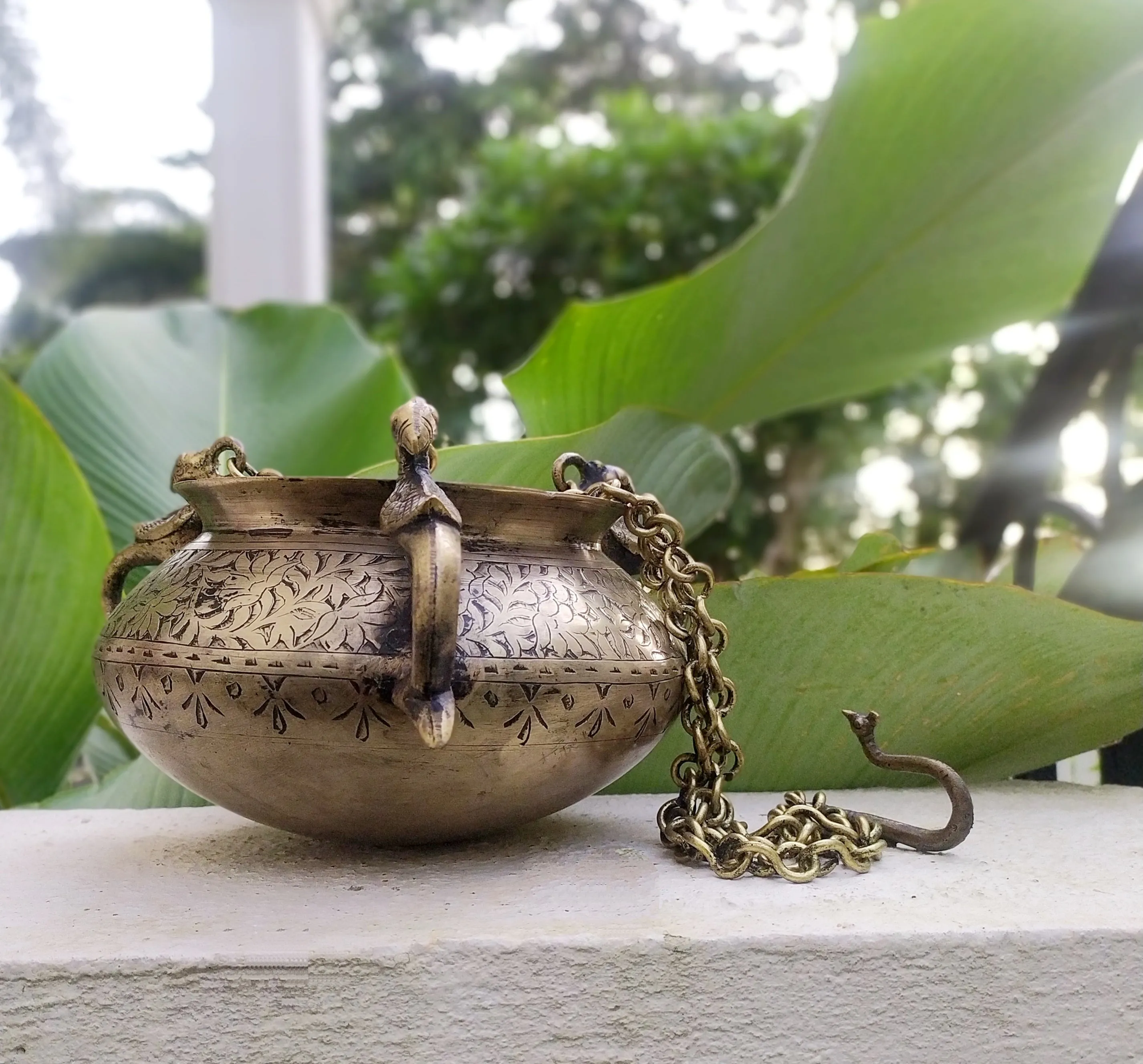 Exquisite Vintage Hanging Brass Planter With 3 Peacock Handles. Length With Chain 66 cm x Dia 17 cm