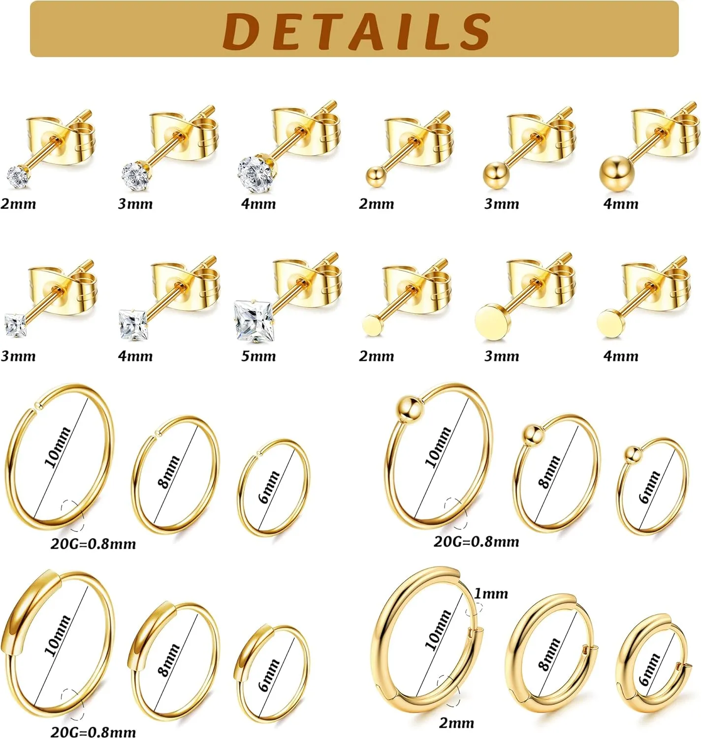 FASACCO Stud Earring Sets for Multiple Piercing Stainless Steel Stud Earrings Small Tiny Studs Pack