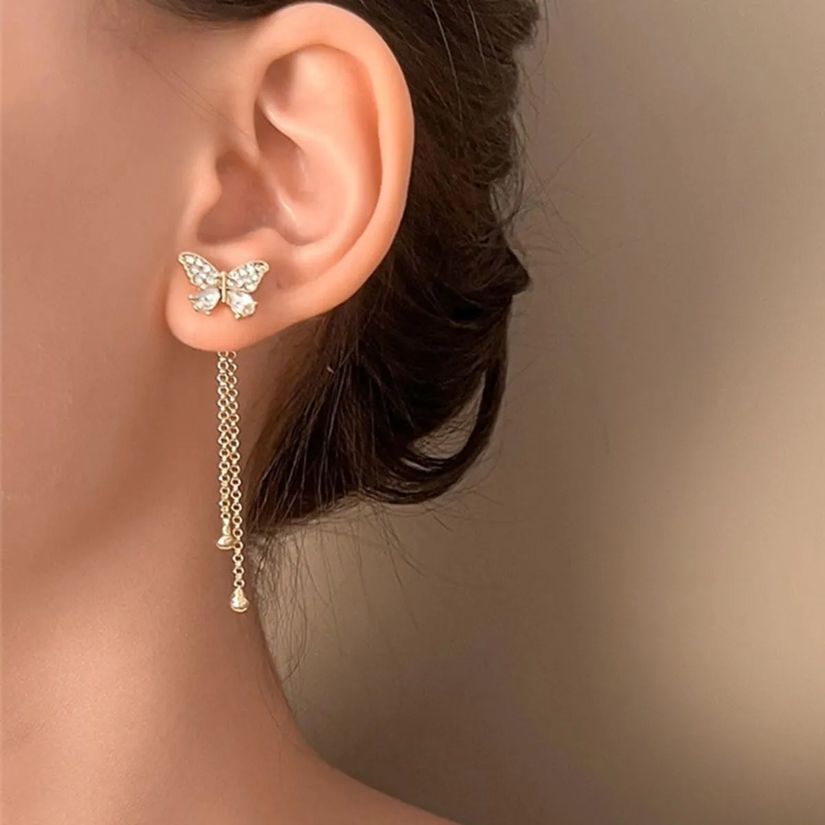 Fashion Butterfly Rhinestone Decor Dangle Tassel Earrings, New Butterfly Tassel Zircon Earrings,Women'S Two-Piece Jewelry