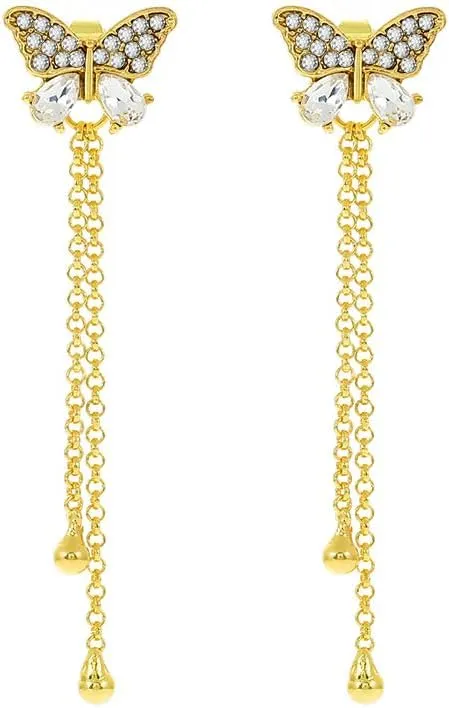 Fashion Butterfly Rhinestone Decor Dangle Tassel Earrings, New Butterfly Tassel Zircon Earrings,Women'S Two-Piece Jewelry