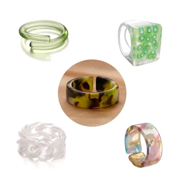 Fashion Colorful Acrylic Resin Geometric Round Transparent Rings Set