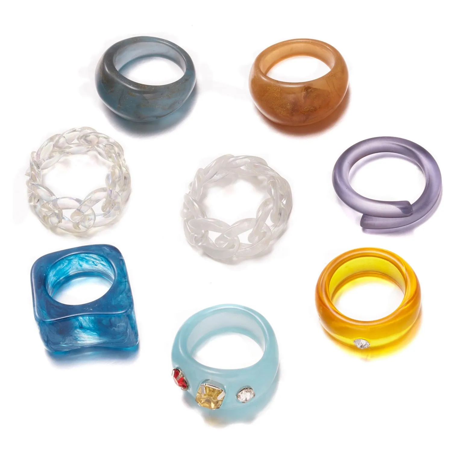 Fashion Colorful Acrylic Resin Geometric Round Transparent Rings Set