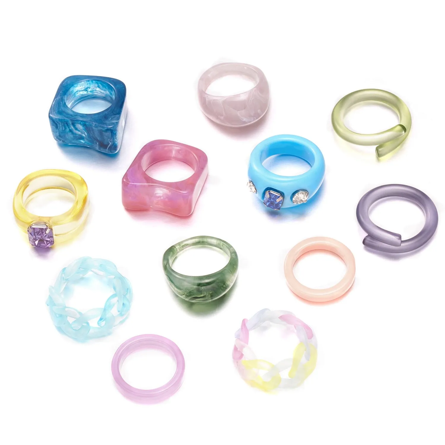 Fashion Colorful Acrylic Resin Geometric Round Transparent Rings Set