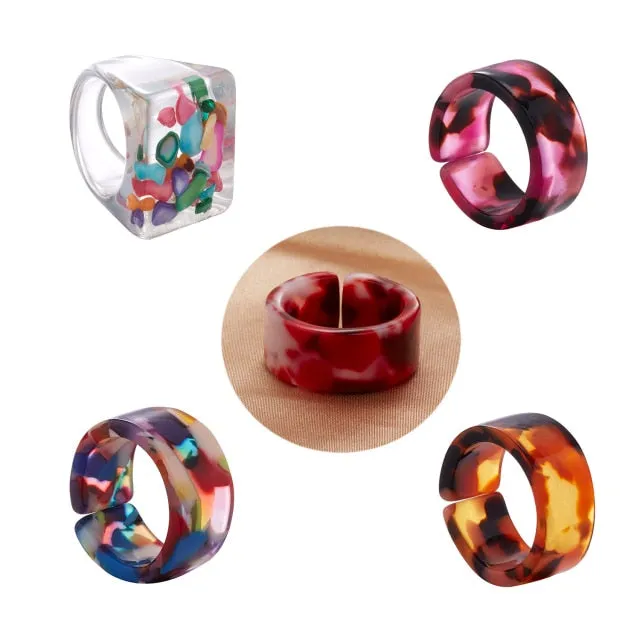 Fashion Colorful Acrylic Resin Geometric Round Transparent Rings Set