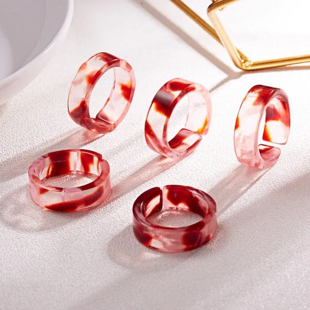 Fashion Colorful Acrylic Resin Geometric Round Transparent Rings Set