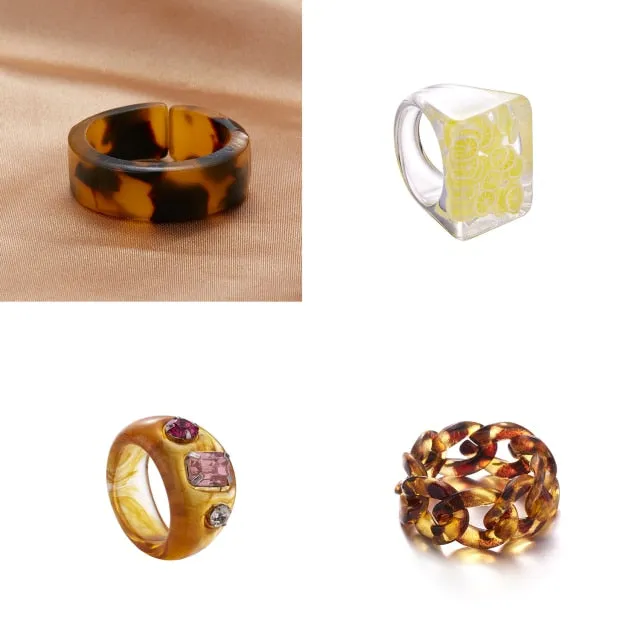 Fashion Colorful Acrylic Resin Geometric Round Transparent Rings Set