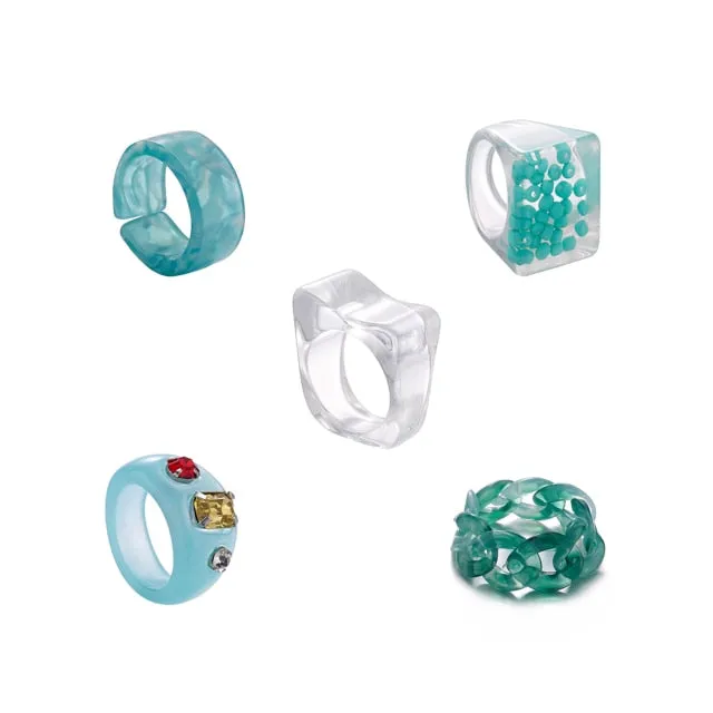 Fashion Colorful Acrylic Resin Geometric Round Transparent Rings Set
