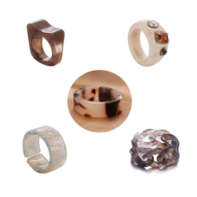 Fashion Colorful Acrylic Resin Geometric Round Transparent Rings Set