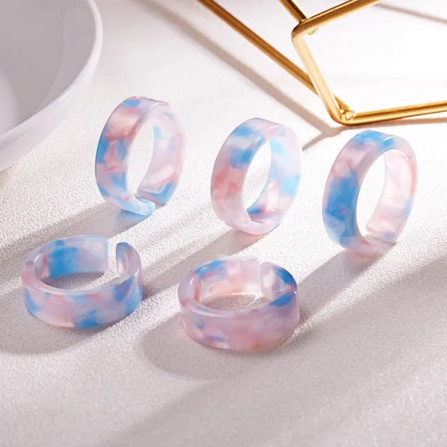 Fashion Colorful Acrylic Resin Geometric Round Transparent Rings Set