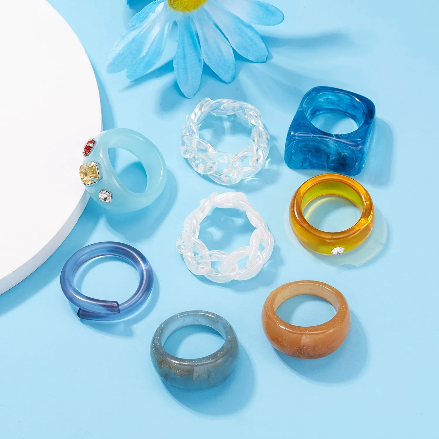Fashion Colorful Acrylic Resin Geometric Round Transparent Rings Set