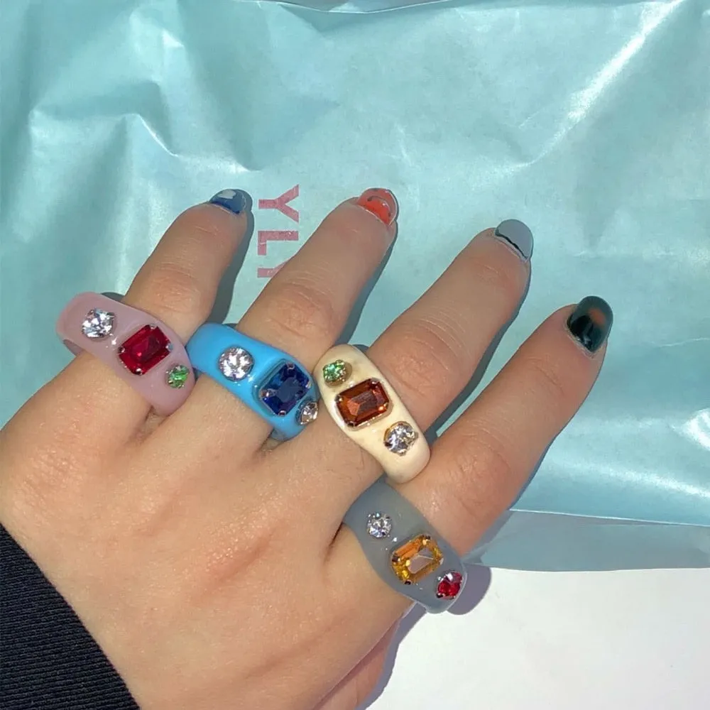Fashion Colorful Acrylic Resin Geometric Round Transparent Rings Set