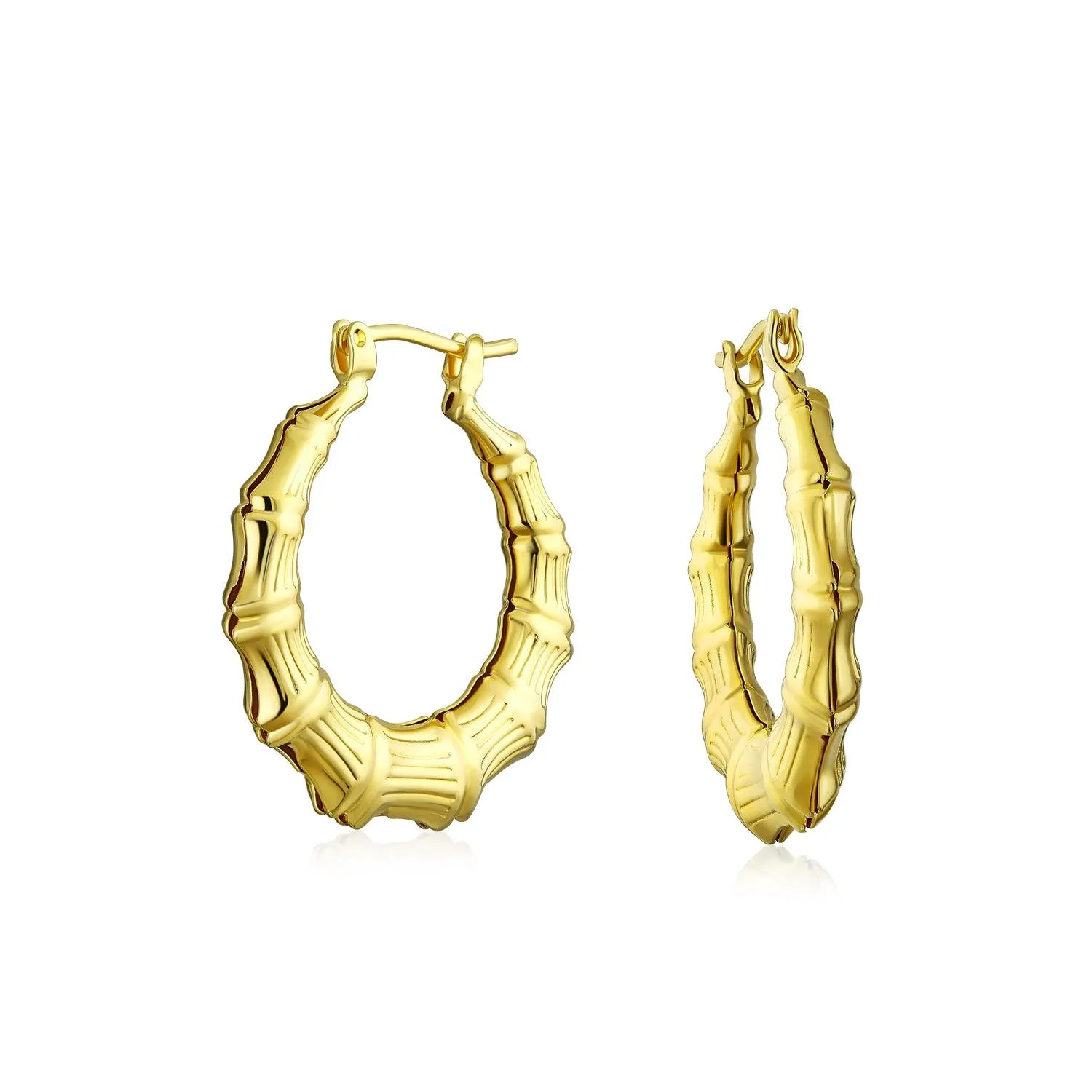Fashion Statement Hoop Huggie Earrings 18K Gold Plated Bamboo 1-2 Inch Diameter