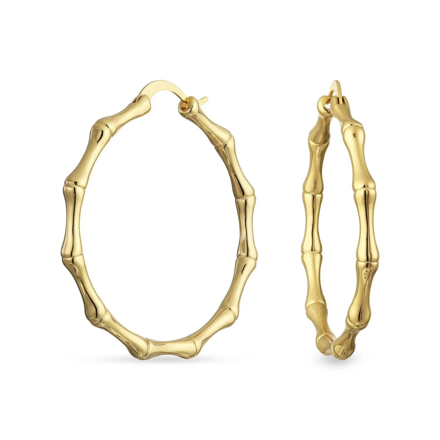 Fashion Statement Hoop Huggie Earrings 18K Gold Plated Bamboo 1-2 Inch Diameter