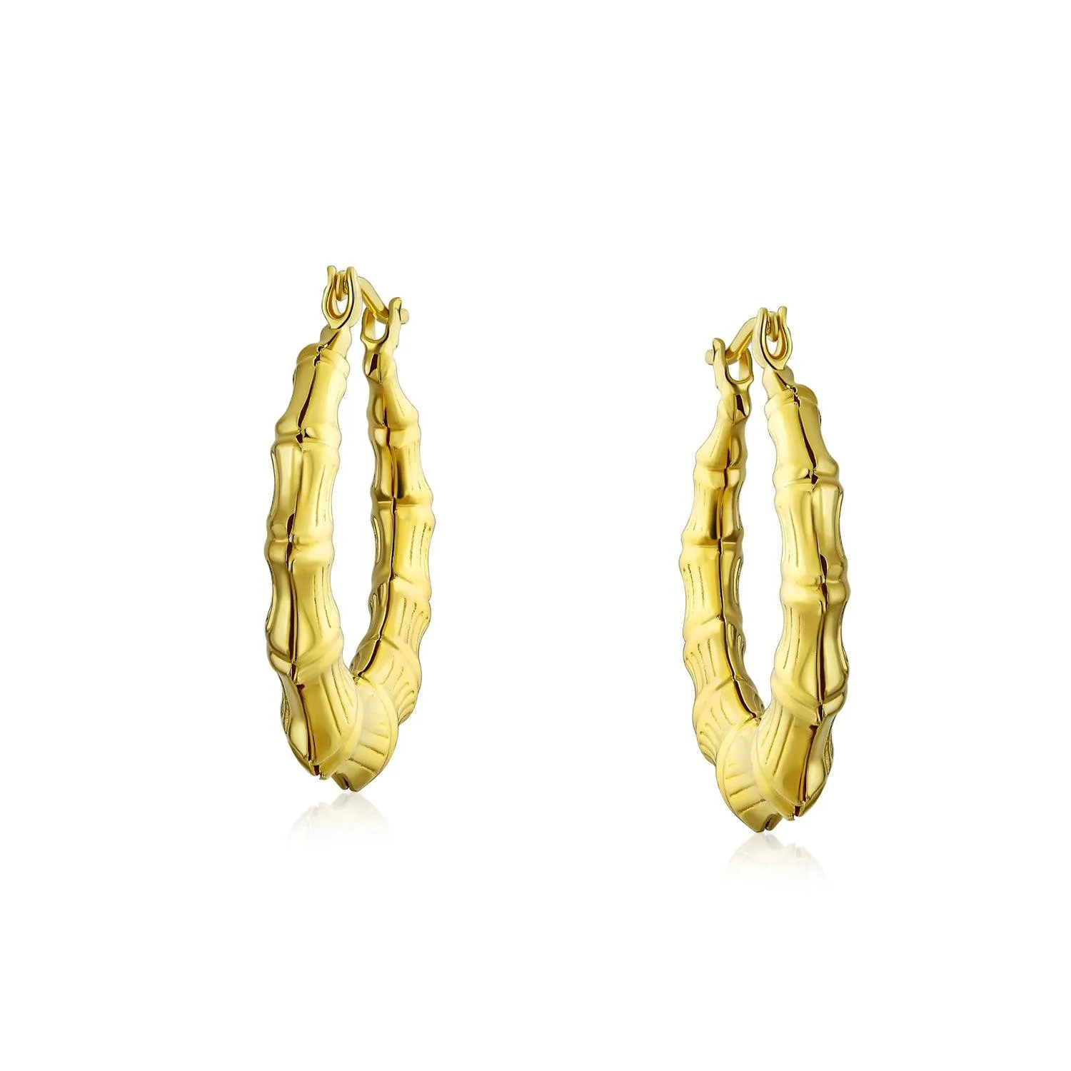 Fashion Statement Hoop Huggie Earrings 18K Gold Plated Bamboo 1-2 Inch Diameter