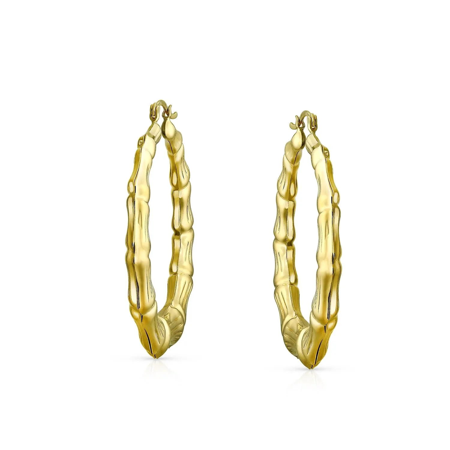 Fashion Statement Hoop Huggie Earrings 18K Gold Plated Bamboo 1-2 Inch Diameter