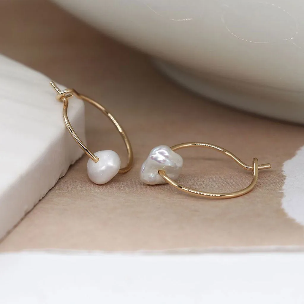 Faux Gold Wire Hoop Earrings With Seed Pearl Drops