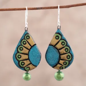 Feather Droplet Hand-Painted Droplet Ceramic Dangle Earrings from India