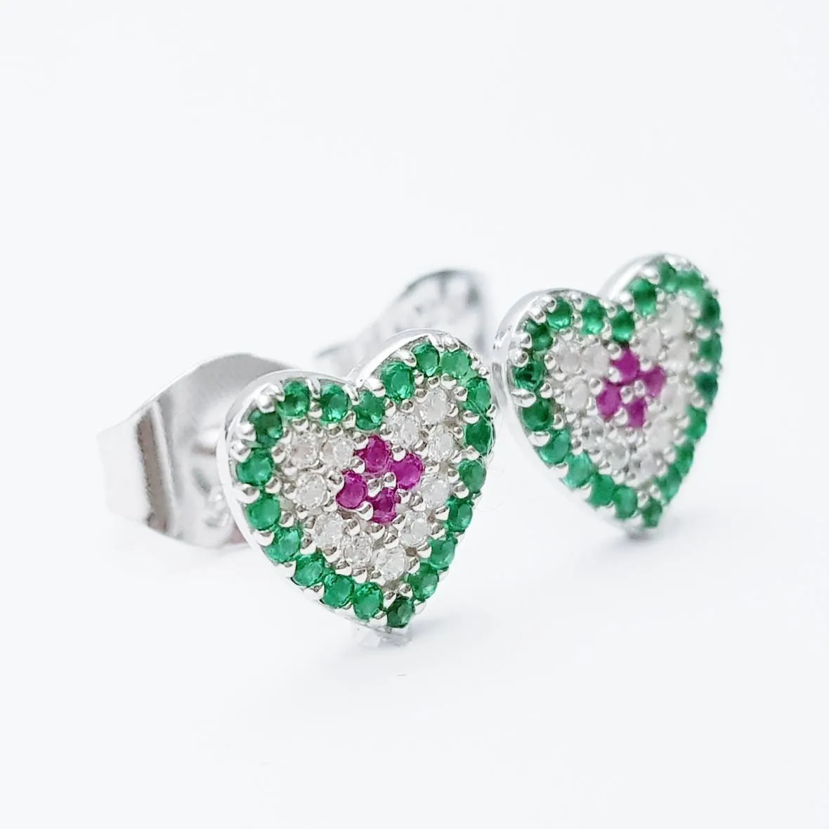 Flat Sterling silver heart shaped stud earrings, colourful heart shaped earrings, cute small heart earrings