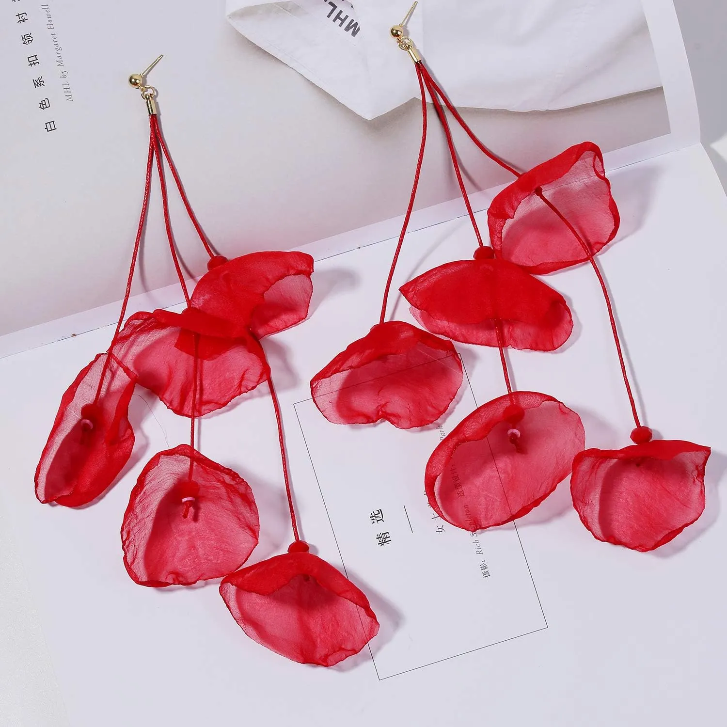 Floral Chiffon Earrings for Women - Tiered Flower Statement Tassel Earrings Long Chandelier Drop Dangle Earrings for Daily Dresses Wedding Holiday Party