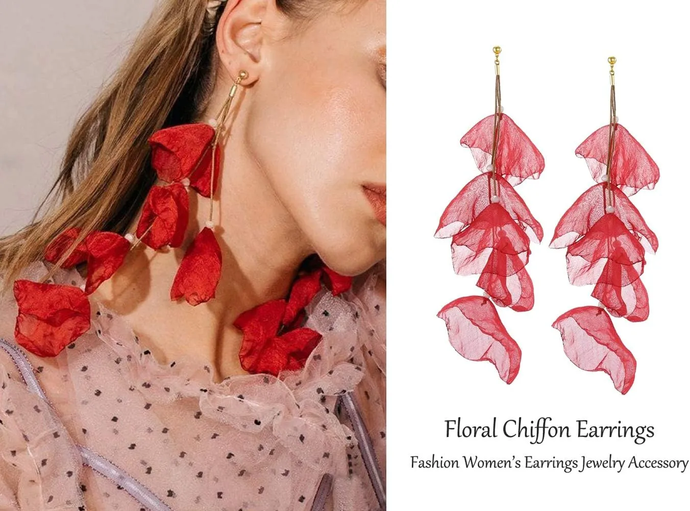 Floral Chiffon Earrings for Women - Tiered Flower Statement Tassel Earrings Long Chandelier Drop Dangle Earrings for Daily Dresses Wedding Holiday Party