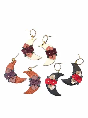 Floral moon dangle earrings - Clay moon earrings - Polymer clay moon earrings (Terra Cotta)