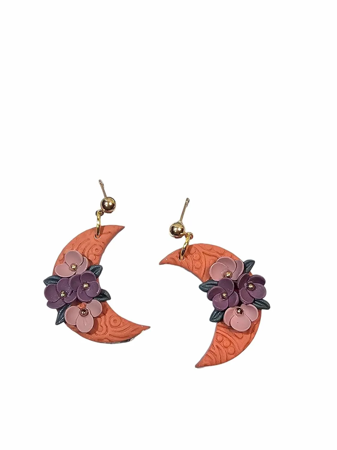 Floral moon dangle earrings - Clay moon earrings - Polymer clay moon earrings (Terra Cotta)