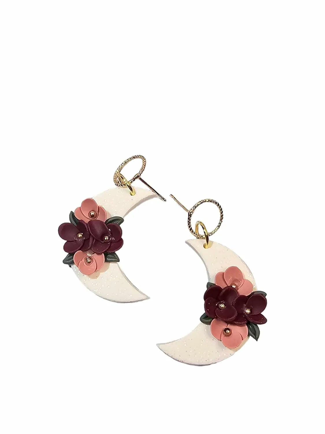 Floral moon dangle earrings - Clay moon earrings - Polymer clay moon earrings (Terra Cotta)