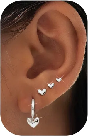 Florideco 4 Pairs 14K Gold Plated Hoop Earrings for Women, Hypoallergenic 925 Sterling Silver Earrings Set, Gold Hoop Charm Huggie Leaf Rhombus Heart Earrings for Women Trendy, Tiny Earring Stacks for Cartilage