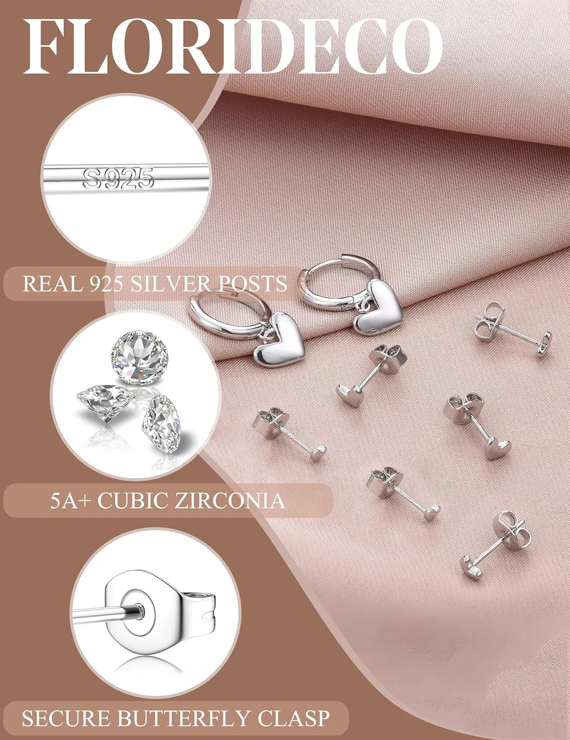 Florideco 4 Pairs 14K Gold Plated Hoop Earrings for Women, Hypoallergenic 925 Sterling Silver Earrings Set, Gold Hoop Charm Huggie Leaf Rhombus Heart Earrings for Women Trendy, Tiny Earring Stacks for Cartilage