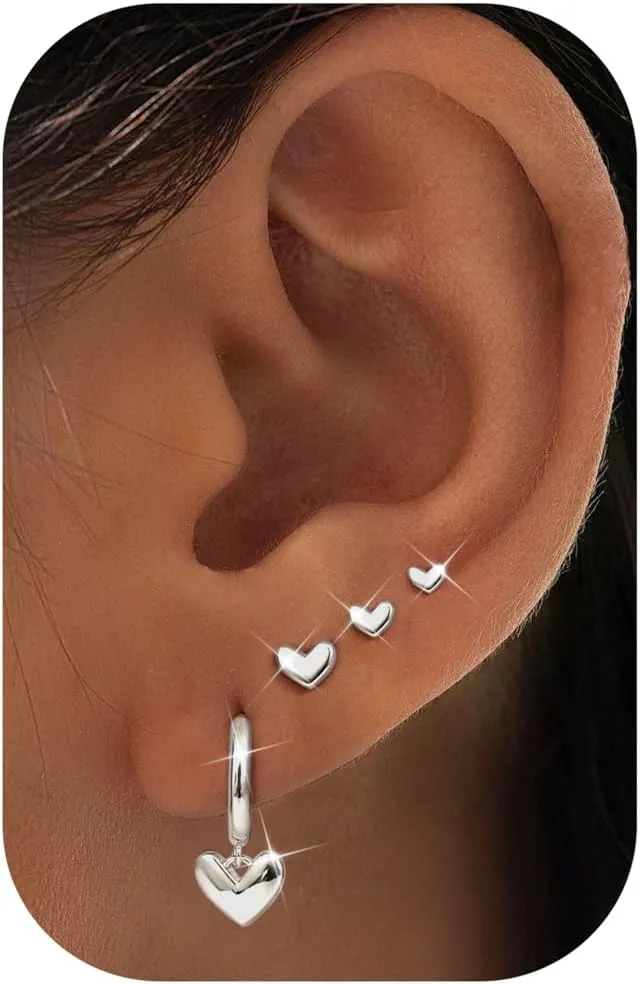 Florideco 4 Pairs 14K Gold Plated Hoop Earrings for Women, Hypoallergenic 925 Sterling Silver Earrings Set, Gold Hoop Charm Huggie Leaf Rhombus Heart Earrings for Women Trendy, Tiny Earring Stacks for Cartilage