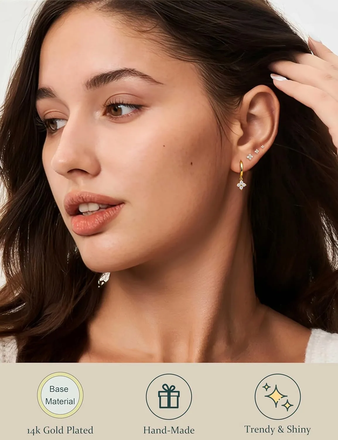 Florideco 4 Pairs 14K Gold Plated Hoop Earrings for Women, Hypoallergenic 925 Sterling Silver Earrings Set, Gold Hoop Charm Huggie Leaf Rhombus Heart Earrings for Women Trendy, Tiny Earring Stacks for Cartilage