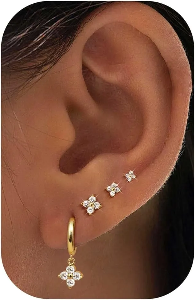 Florideco 4 Pairs 14K Gold Plated Hoop Earrings for Women, Hypoallergenic 925 Sterling Silver Earrings Set, Gold Hoop Charm Huggie Leaf Rhombus Heart Earrings for Women Trendy, Tiny Earring Stacks for Cartilage